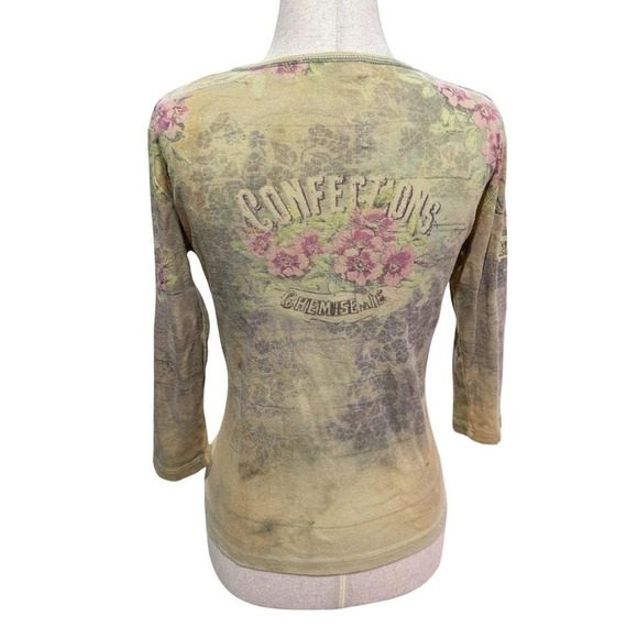 90's Y2K Cyber Grunge Cherry Blossom Floral Print 3/4 Sleeve Distressed Top - Picture 2 of 5